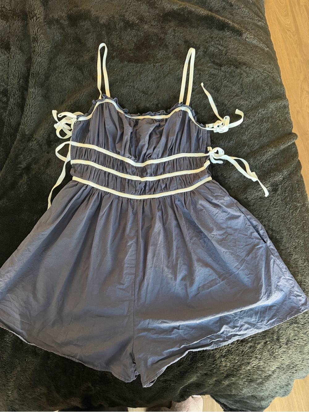 Women's Navy Blue & Cream Strappy Romper - Sleeveless Intimate Sleepwear